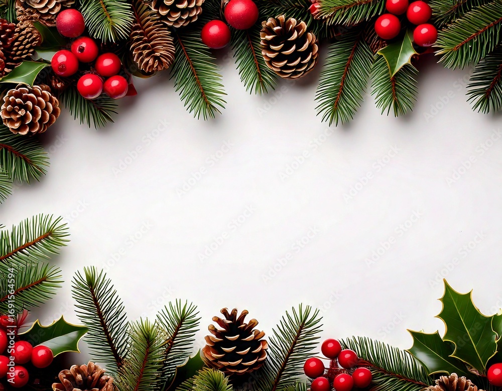 Fototapeta premium Festive christmas garland border with pinecones and berries