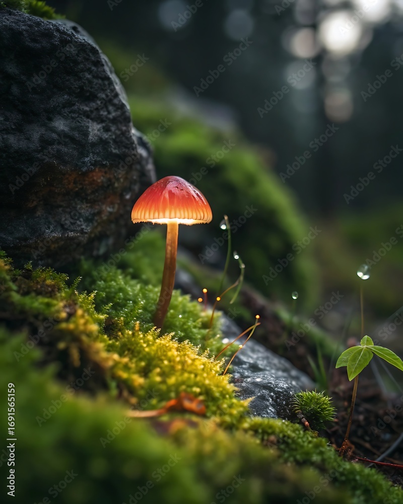 Fototapeta premium Glowing Red Mushroom on Mossy Forest Floor fungi orange