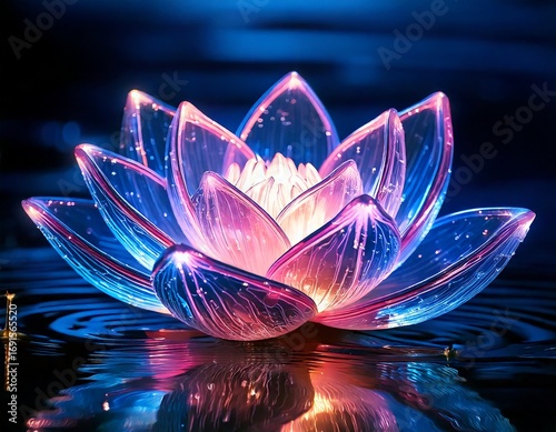 Illuminated crystal lotus flower floating on water 