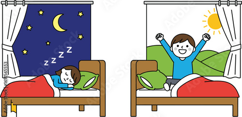Boy sleeping at night and waking up in morning with sunlight through window – daily bedtime and morning routine illustration.