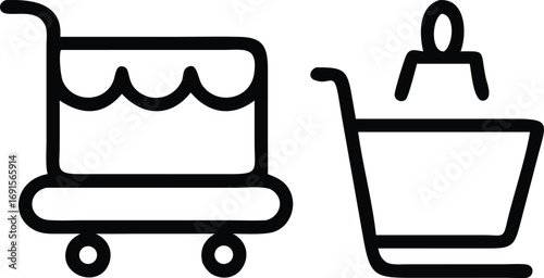 Minimalist supermarket shopping cart line art with person and groceries illustration