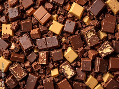 Full frame close up of assorted broken chocolate bars in dark and milk tones, showing detailed textures and scattered chunks filling the frame
