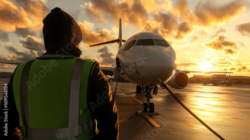 Medium shot of ground crew wearing safety vest refueling aircraft with sustainable aviation fuel SAF, natural daylight atmosphere.