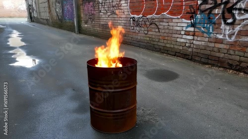 Burning fire in rusty barrel in urban back alley