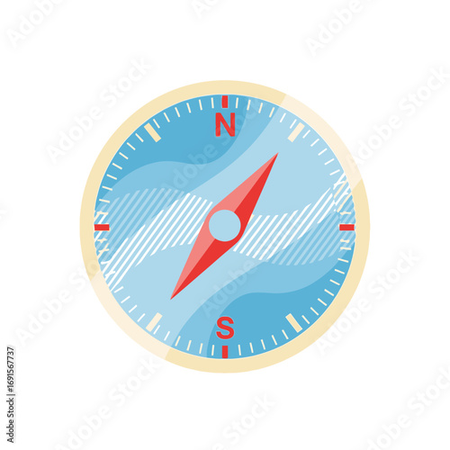 Blue and white navigational compass with a red needle pointing north for a Columbus Day maritime voyage.