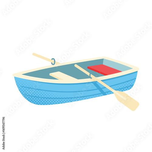 Blue wooden rowboat with two oars, representing a ship's tender or landing craft for a Columbus Day expedition.