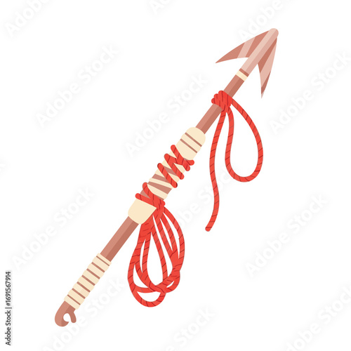 Iron-tipped harpoon with a red rope, a tool for whaling or defense on a maritime expedition for Columbus Day.