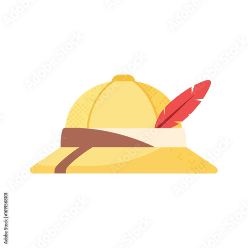 Yellow explorer's pith helmet with a red feather, representing a conquistador from the Age of Discovery on Columbus Day.