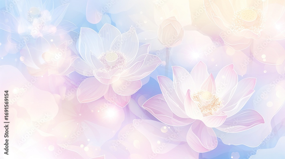 Obraz premium In the middle of a light pink and blue gradient background, there is a delicate lotus flower, creating an elegant atmosphere, suitable for presentations or design projects.