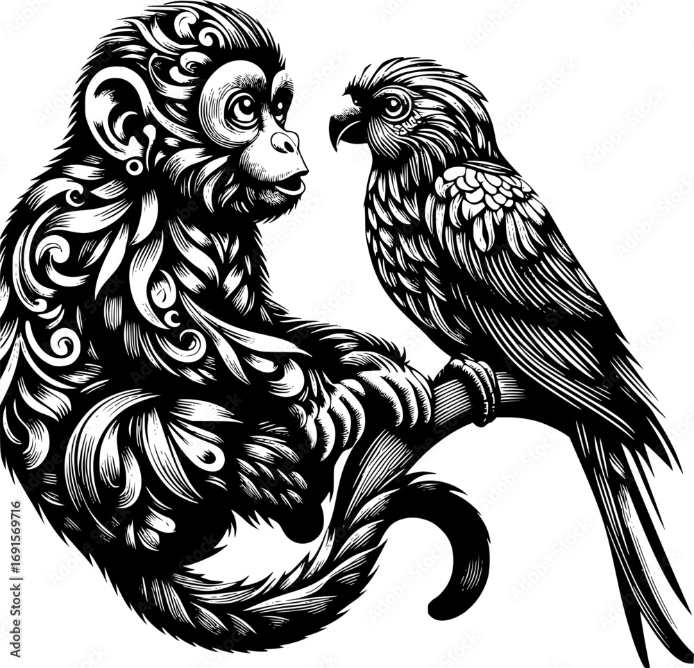 Naklejka premium Minimalist black and white vector icon of a monkey with a bird, clean lines, modern style, scalable, perfect for logos, stickers, or digital use.