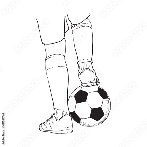 
Line drawing of children's feet with a ball and shoes