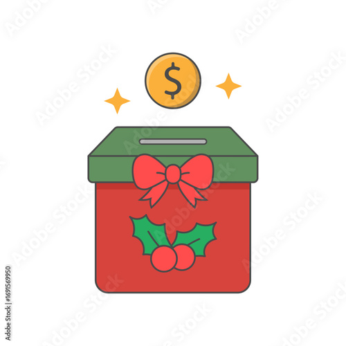 Donation box Christmas illustration with festive design and coin dropping in, perfect for holiday charity, fundraising, and seasonal giving projects.