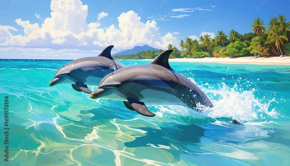 Fototapeta premium Two playful dolphins leap gracefully through turquoise water, near a tropical paradise beach.