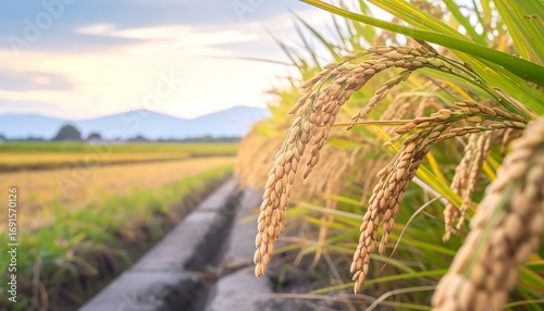Golden rice stalks in a field at sunset