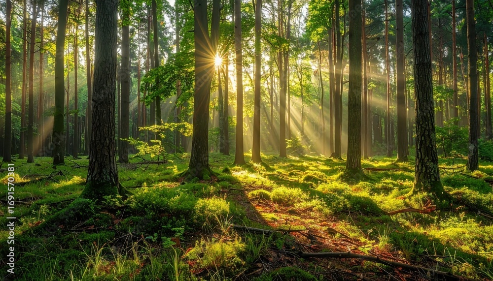 Obraz premium Sunlight streams through a dense forest, illuminating a carpet of moss and undergrowth.