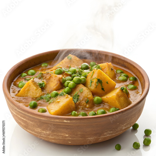 Comforting North Indian curry made with potatoes and green peas simmered in a spiced tomato-onion gravy,
