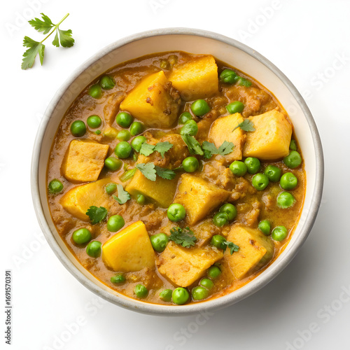 Comforting North Indian curry made with potatoes and green peas simmered in a spiced tomato-onion gravy,