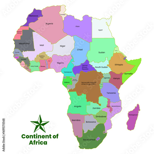 Multicolour Vector Africa map flat shape. The continent of Africa. Each country of Africa continent solid shape on the solid background. Each African country border separated by line shape