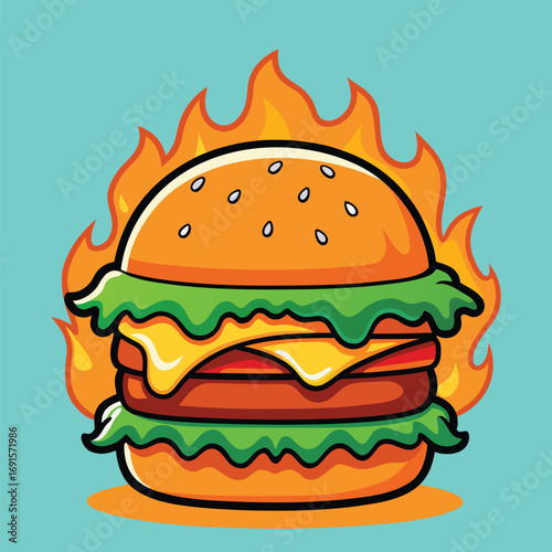 Hot flaming burger with melted cheese cartoon vector art