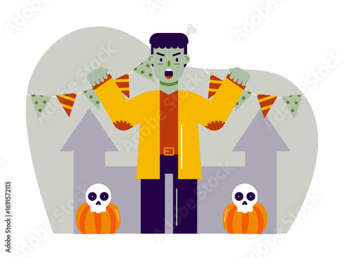 Man dressed as Frankenstein for Halloween costume party. Trick or treat vector illustrations. Flat vector illustrations.