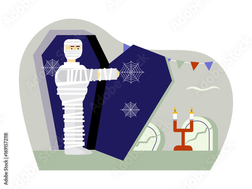 Man dressed as a mummy for Halloween costumr party. Trick or treat vector illustrations. Flat vector illustrations.