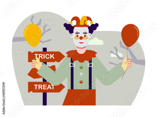 Man dressed as joker is ready for Halloween. Trick or treat vector illustrations. Flat vector illustrations.