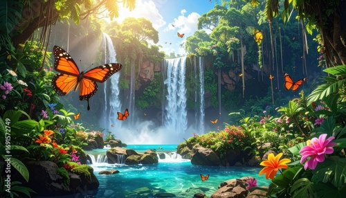 Fototapeta Naklejka Na Ścianę i Meble -  A vibrant waterfall cascade in a lush tropical paradise, surrounded by colorful flowers and butterflies, bathed in sunlight.