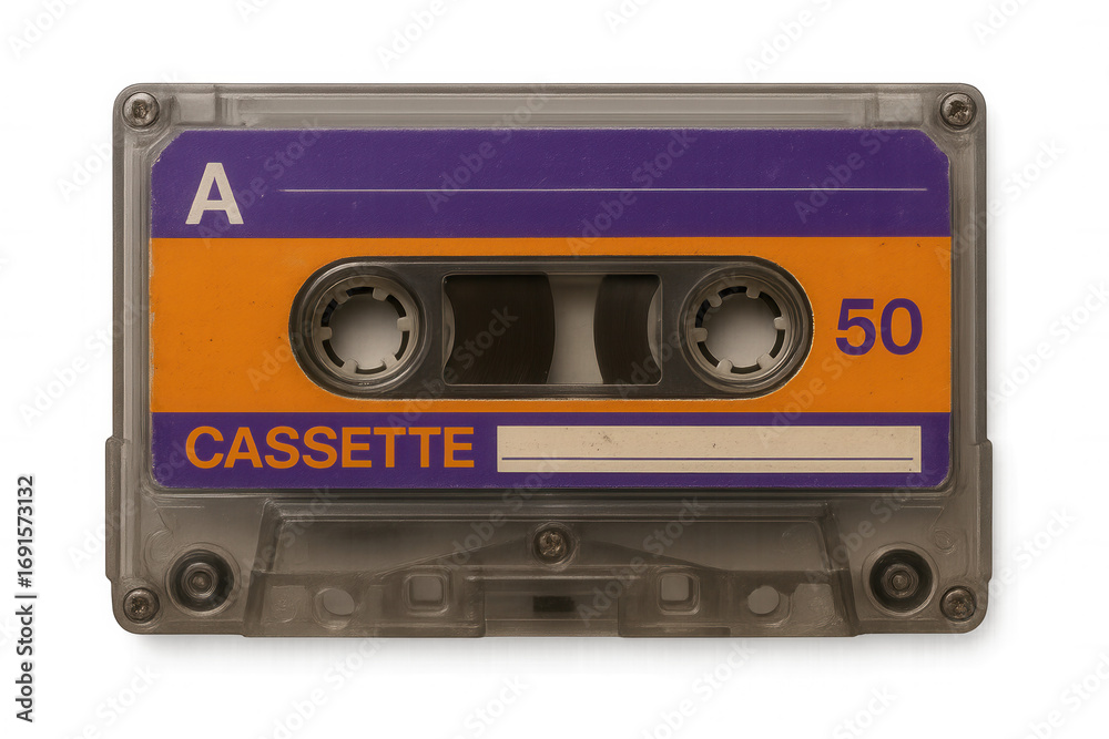 Obraz premium Close-up of a vintage audio cassette tape with orange and purple label, isolated on a transparent background, representing nostalgic music technology