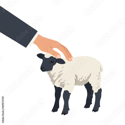 A gentle farmer's hand tenderly pets a fluffy lamb in a minimalist 2D flat vector illustration, featuring clean lines and solid colors, isolated on white.