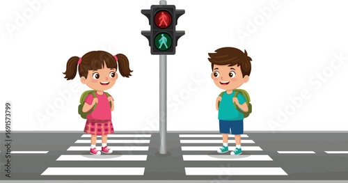 Cartoon school kids crossing pedestrian crosswalk safely with traffic lights, road safety education, stop and go signal illustration for children