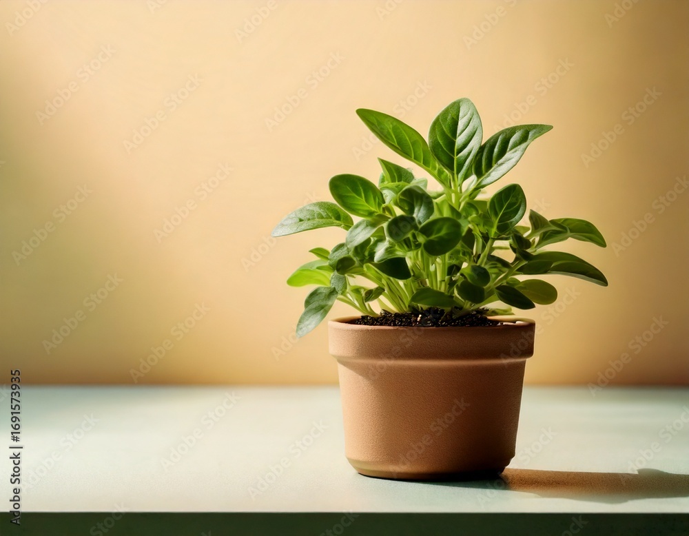Fototapeta premium Small green potted plant on a light surface with a softly colored background 