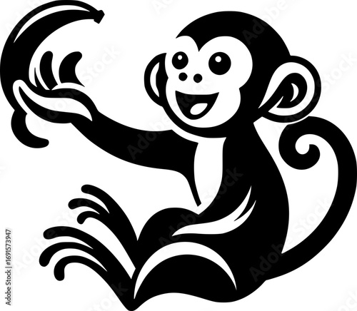 Minimalist black and white vector icon of a monkey grabbing a banana, clean lines, modern style, scalable, perfect for stickers, logos, or digital use