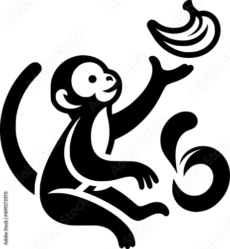 Minimalist black and white vector icon of a monkey grabbing a banana, clean lines, modern style, scalable, perfect for stickers, logos, or digital use