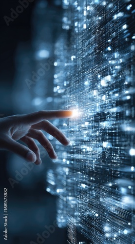 A hand touching a glowing digital network. Soft light emphasizes connection to intricate structure of blue digital code and data pathways
