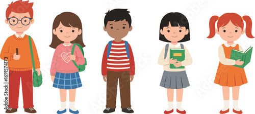 Cartoon vector illustration of diverse school children with backpacks and books, ideal for educational, learning, classroom, and student concepts.Cartoon 