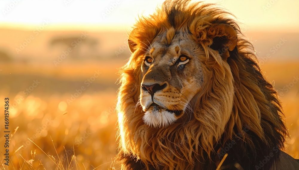 Naklejka premium A majestic lion, its golden mane highlighted by the warm glow of the African sunrise, gazes thoughtfully across the golden savanna.
