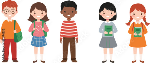 Cartoon vector of diverse school children standing with backpacks and books, perfect for education, classroom, learning, and student concepts.