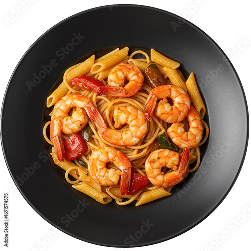Overhead shot of shrimp and pasta in a black bowl isolated on white background