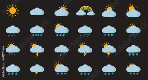 A comprehensive collection of flat design weather icons showcasing various atmospheric conditions like sunny, cloudy, rainy, and stormy forecasts.