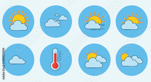This vibrant collection showcases essential flat design weather forecast icons, depicting diverse atmospheric conditions, sun, clouds, wind, and temperature readings.