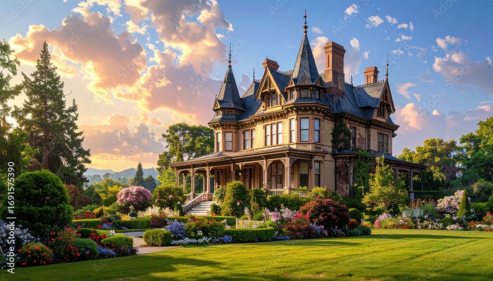 Fototapeta premium A grand, historic mansion, adorned with intricate details, sits amidst a vibrant garden landscape under a beautiful golden sunset.