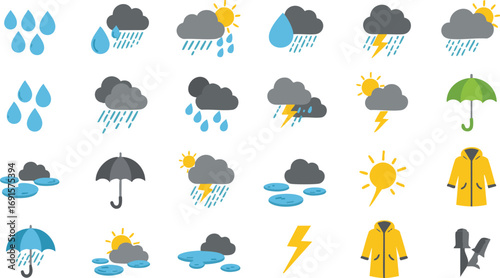 A vibrant set of flat design weather icons illustrating diverse atmospheric phenomena including rain, sun, clouds, storms, and protective gear.