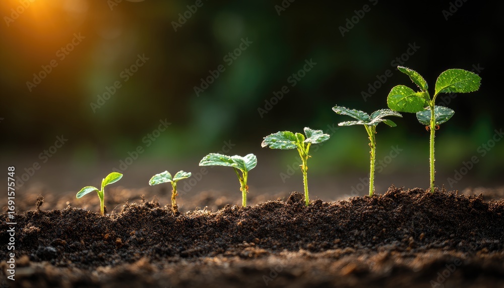 Fototapeta premium A progression of tiny green sprouts growing in a line from soil, with the first bud barely there, the last now a full plant, all highlighted by sunlight