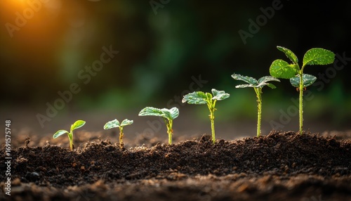 A progression of tiny green sprouts growing in a line from soil, with the first bud barely there, the last now a full plant, all highlighted by sunlight