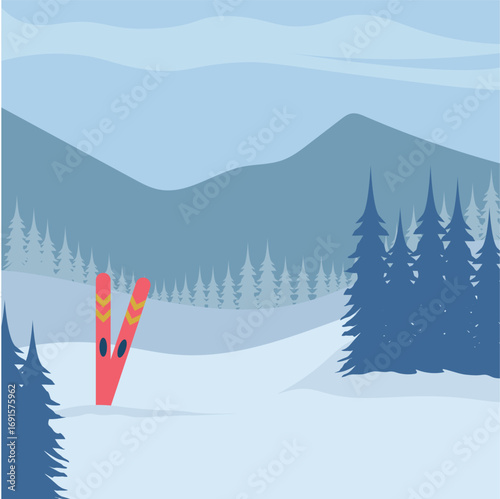 Winter forest features snowy hills mountains and a pair of skis.