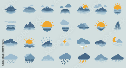 A delightful collection of minimalist weather and landscape icons, showcasing mountains, sun, clouds, rain, and moon in a soothing blue and yellow textured style.