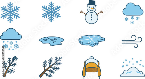 A delightful collection of versatile vector icons illustrating essential winter elements such as snowflakes, a friendly snowman, ice, wind, and evergreen branches.
