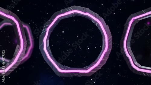 Three Glowing Purple Neon Rings Floating in Deep Space.