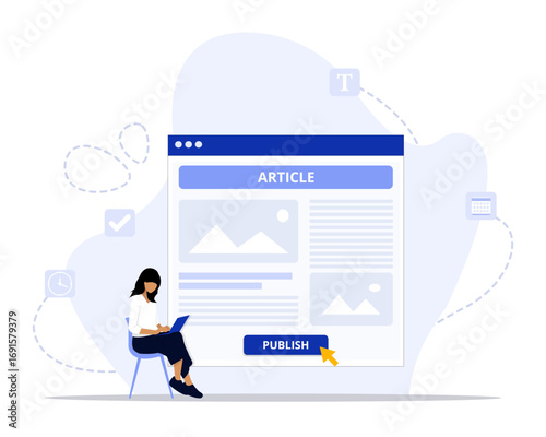 Publish article concept illustration. Suitable for landing page, ui, web, App intro card, editorial, flyer, and banner.