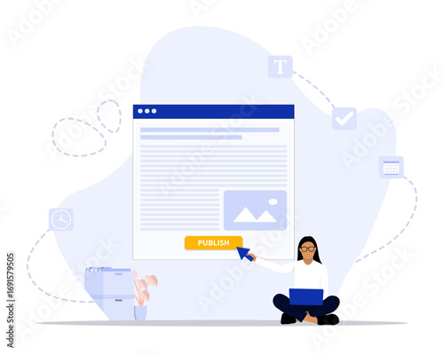 Publish article concept illustration. Suitable for landing page, ui, web, App intro card, editorial, flyer, and banner.